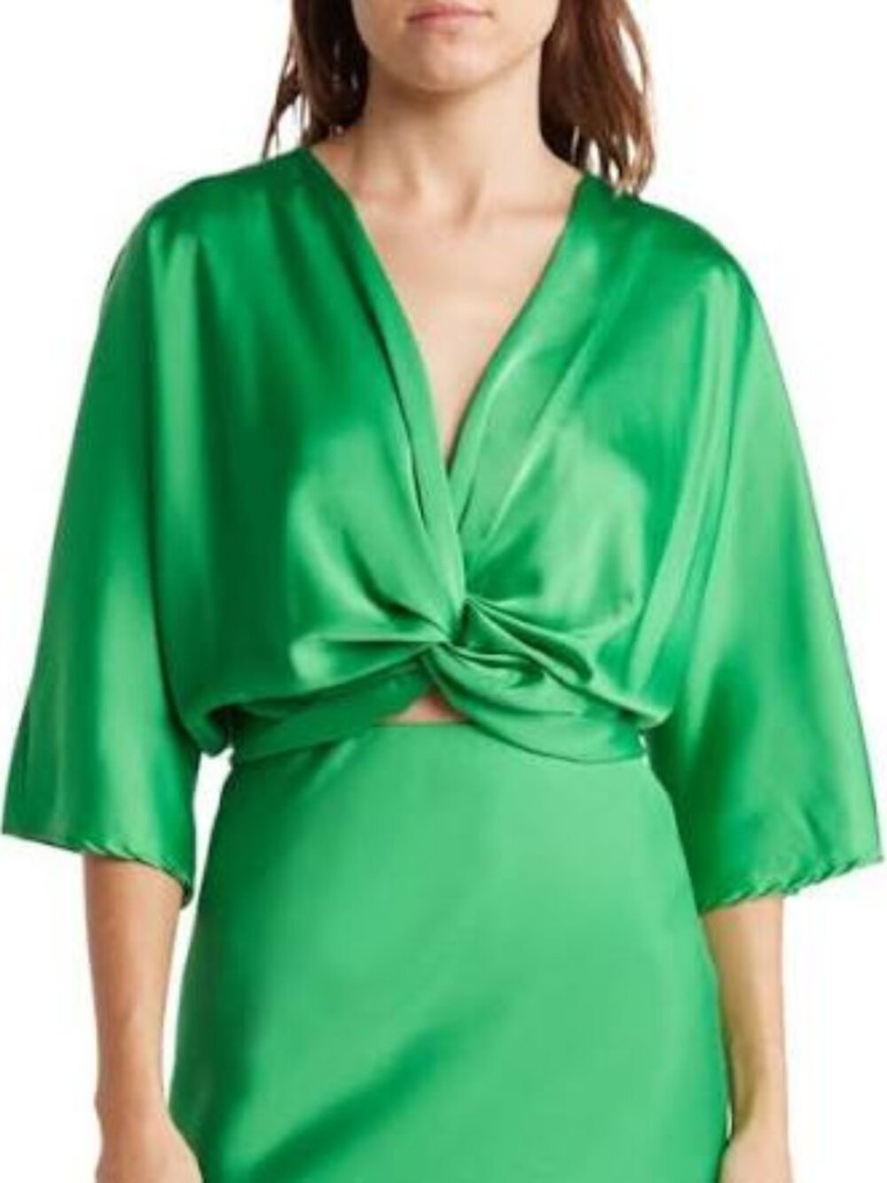 Renee C. Green Satin Plunge V-Neck Twisted Knot Blouse Size Medium